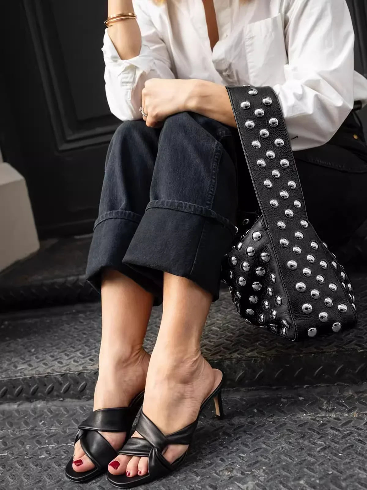 Black Rivet Shoulder Bag with Motorcycle Edge