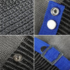 Close-up view of stainless steel cut-resistant safety gloves with blue fabric accents on a black textured background.