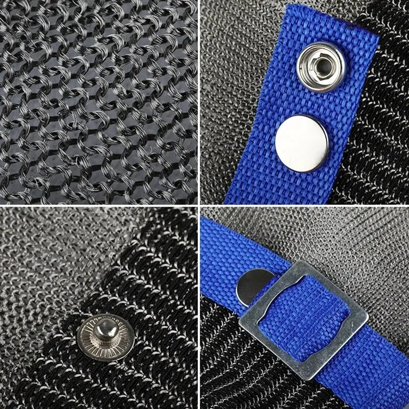 Close-up view of stainless steel cut-resistant safety gloves with blue fabric accents on a black textured background.