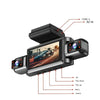 A black dash cam device with a screen, showing various connection points and features.