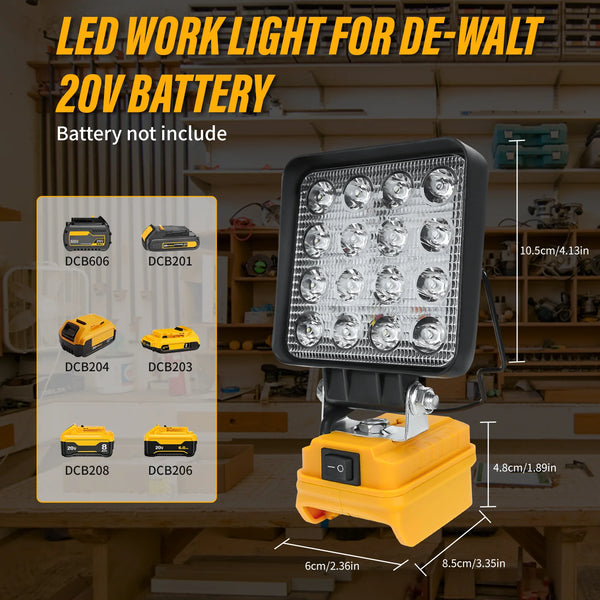A yellow LED work light for DeWalt 20V battery, shown with various battery models and dimensions.