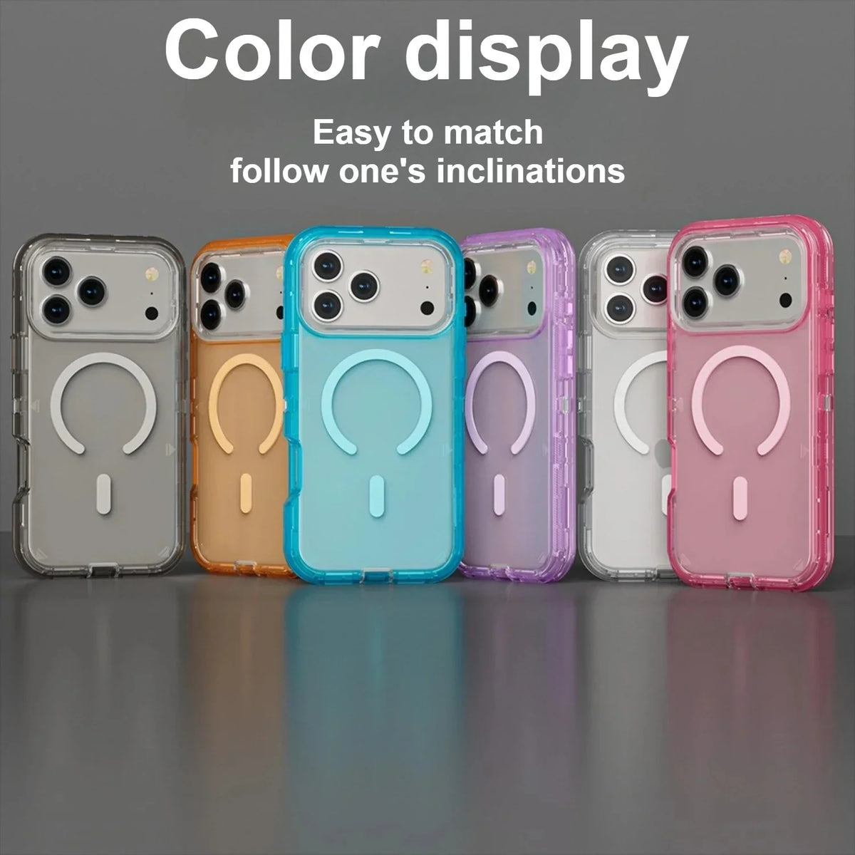 A row of colorful magnetic heavy-duty phone cases displayed on a gray surface.