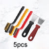 A set of five kitchen cleaning brushes and scraper tools in black, yellow, red, and silver on a white marble background.