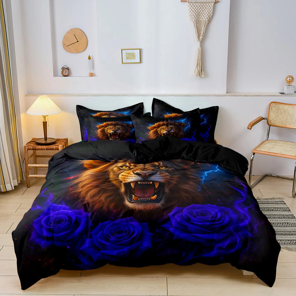 A dark duvet cover featuring a realistic, fierce golden lion's head surrounded by deep blue roses.
