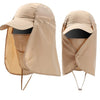 A beige UPF 50+ breathable wide brim sun hat shown folded, with the fabric visible.