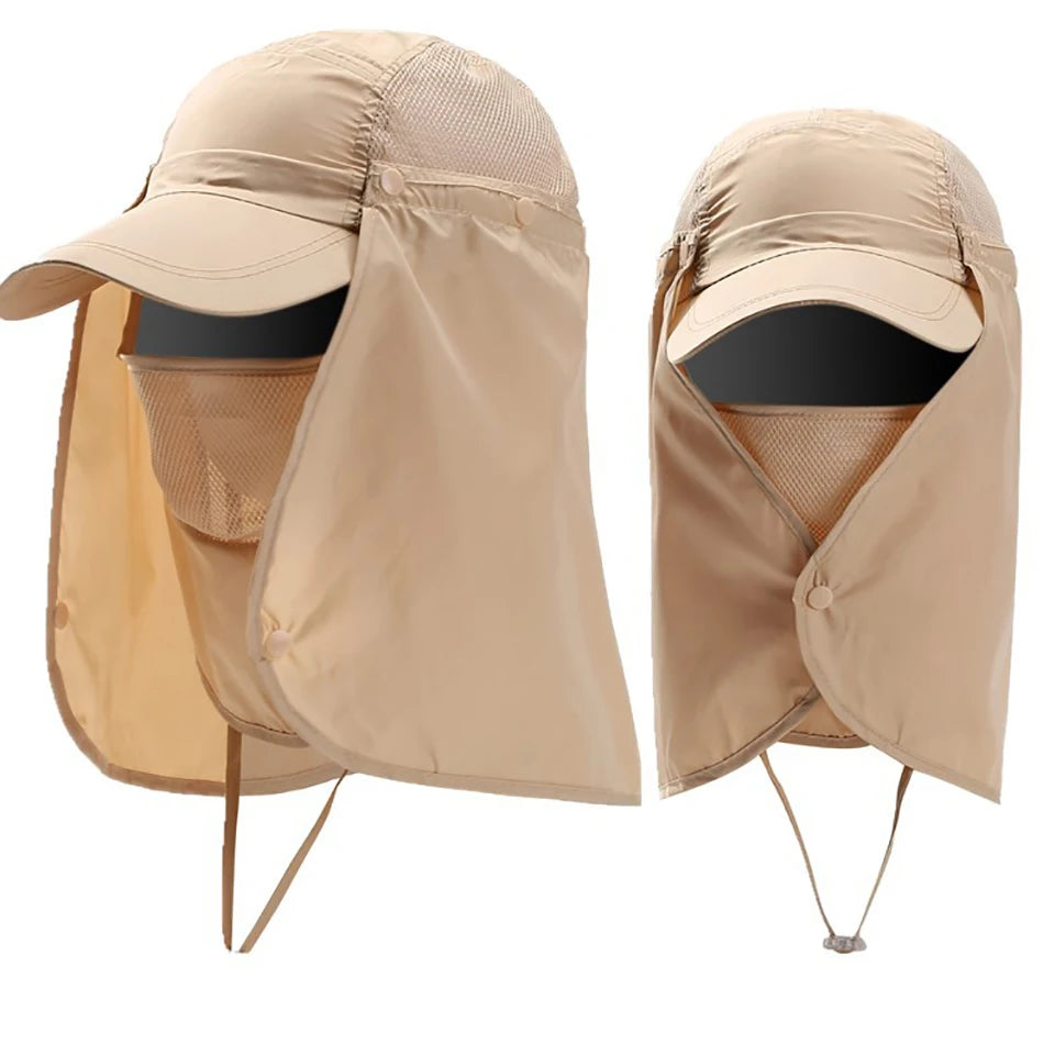 A beige UPF 50+ breathable wide brim sun hat shown folded, with the fabric visible.