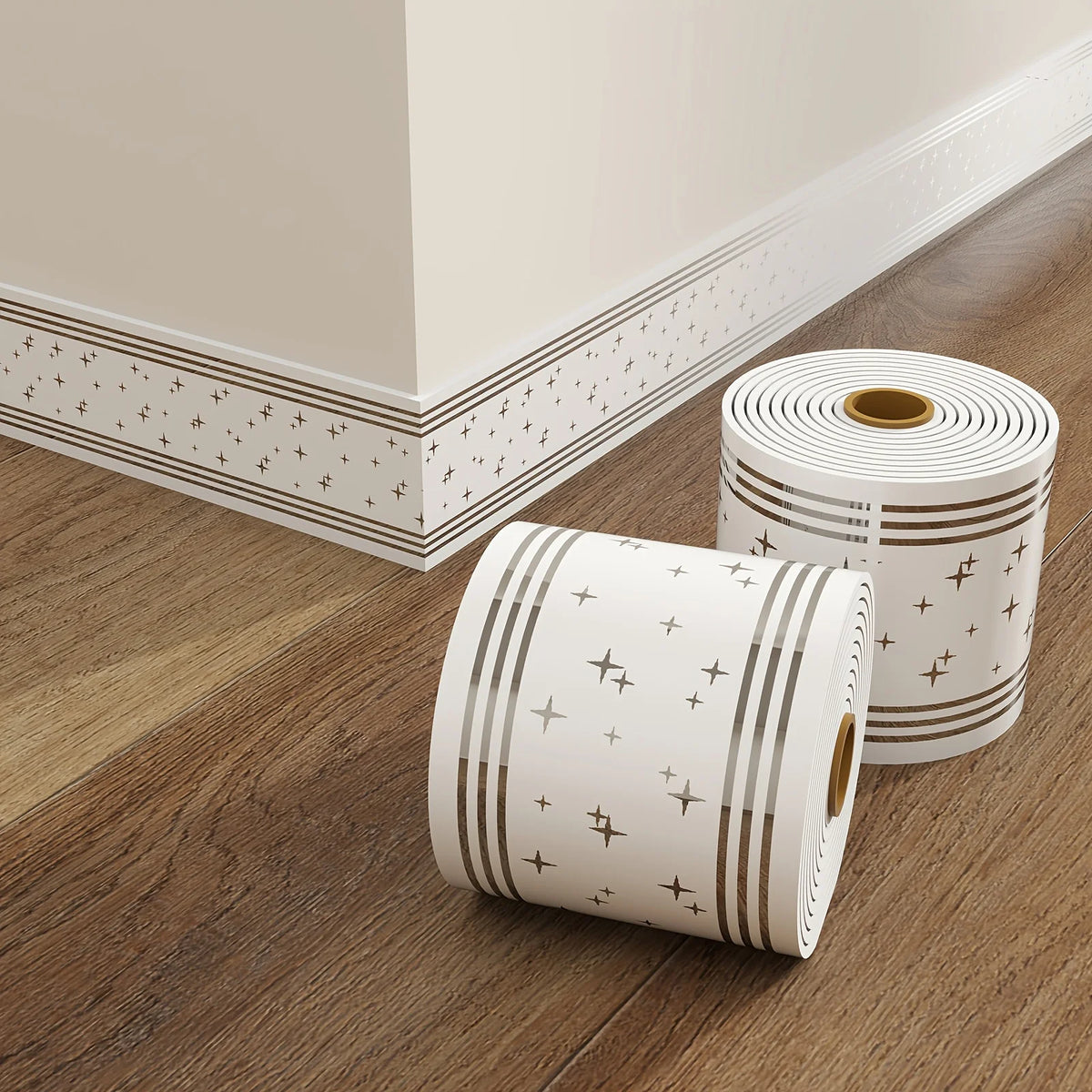 Roll of self-adhesive PVC wall trim featuring a subtle geometric pattern for baseboards and door frames