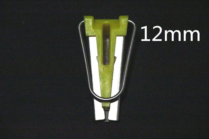 A pair of stainless steel bias tape makers, one measuring 12mm.