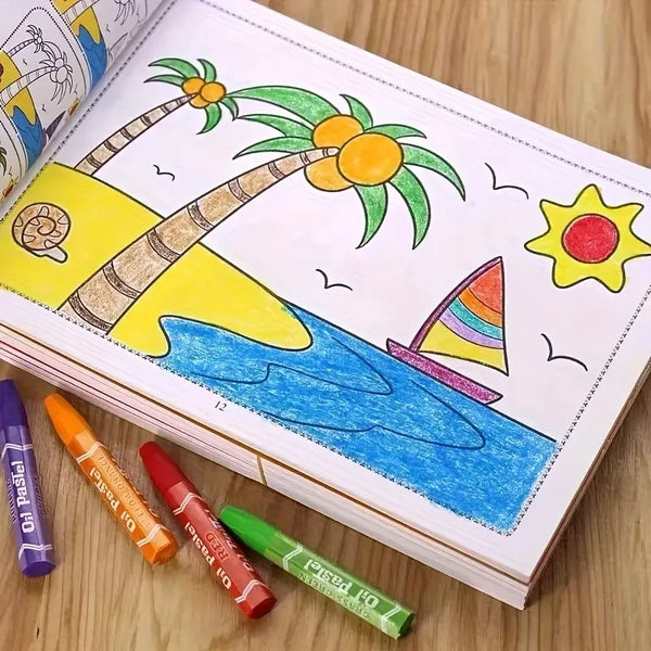 A children's coloring book open to a page featuring a palm tree and a rainbow sailboat.