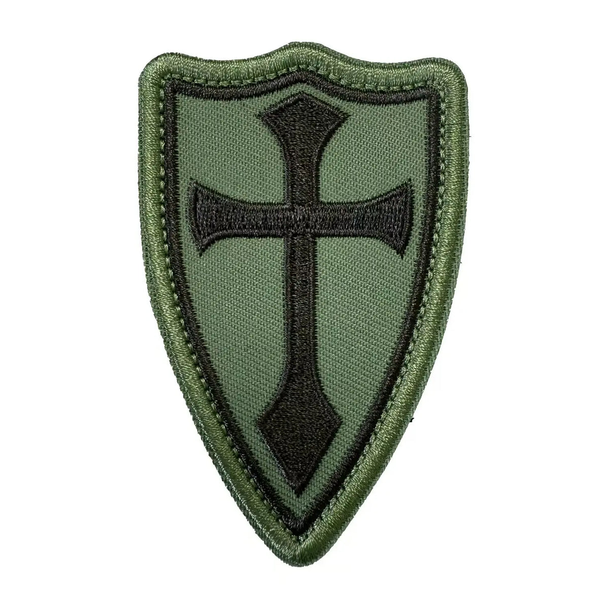 A dark olive green shield-shaped embroidered patch featuring a black cross design.