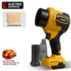 Yellow cordless turbo leaf blower with brushless motor and a packaging box shown next to it.