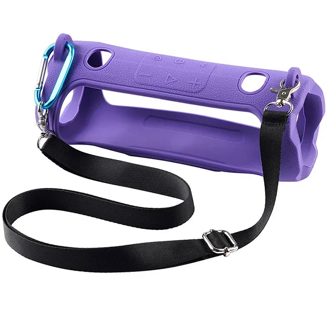 Purple shockproof silicone protective case for a JBL Charge 6 speaker with a black strap.
