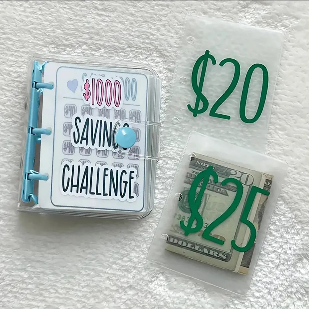 A clear binder and envelope containing money for a savings challenge, displayed on a white towel.