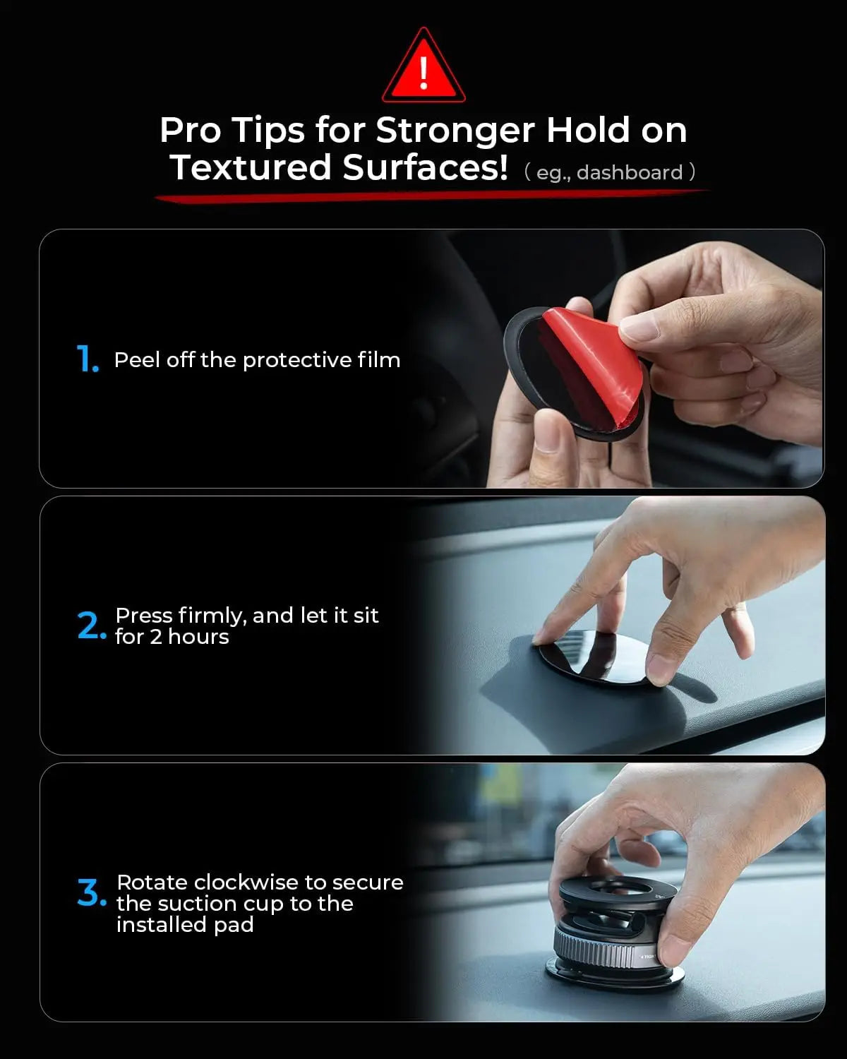 Instructions for using a strong magnetic car phone holder with a protective film and suction cup.