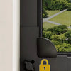 A close-up of a black magnetic locking screen window with a yellow padlock icon, showing the mechanism for securing a mosquit