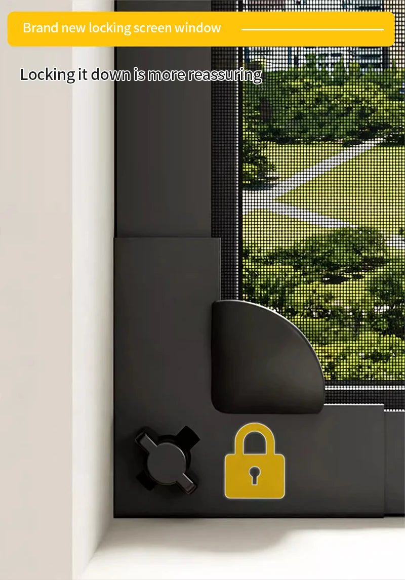 A close-up of a black magnetic locking screen window with a yellow padlock icon, showing the mechanism for securing a mosquit
