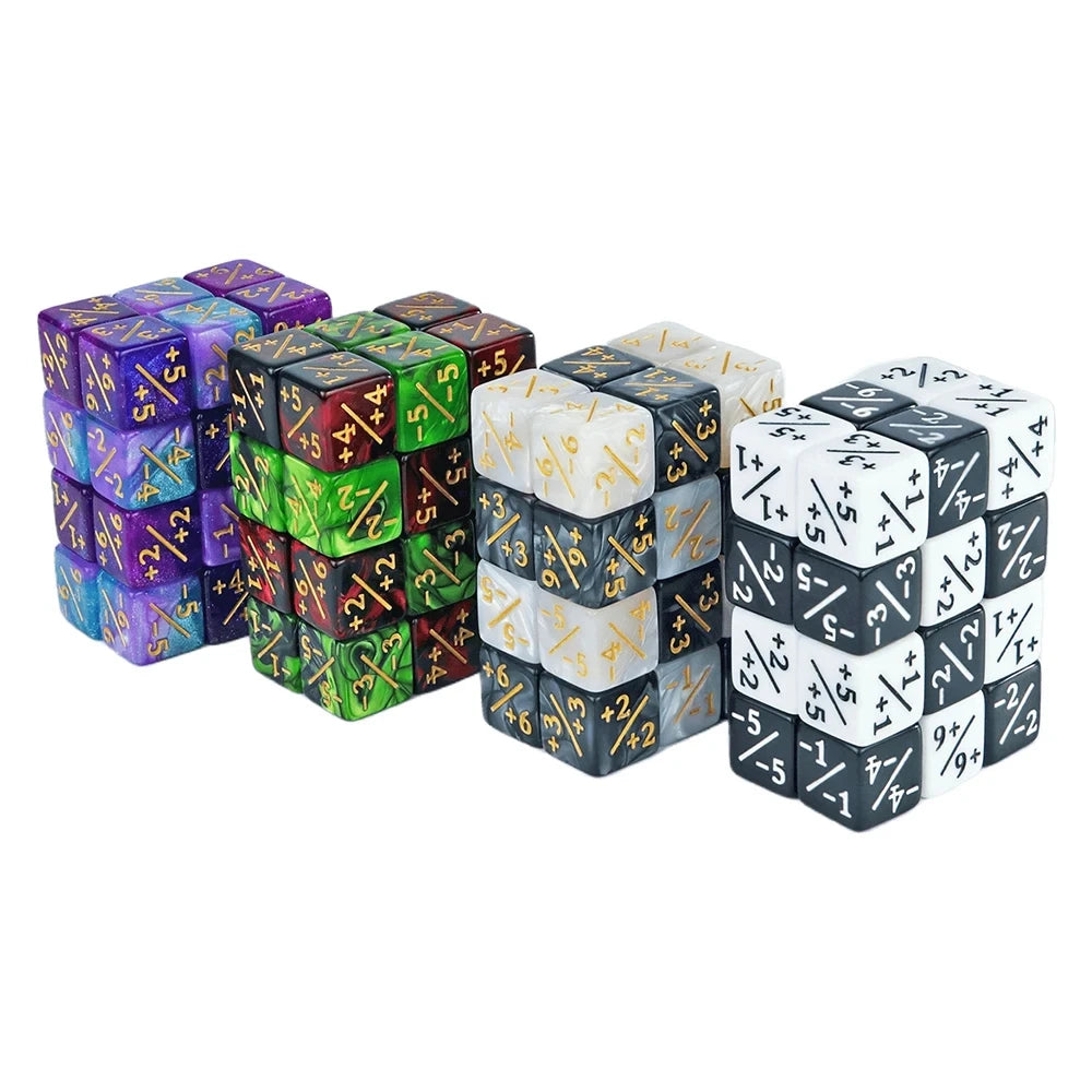 A collection of colorful acrylic D6 counter dice in various colors and combinations for tabletop games