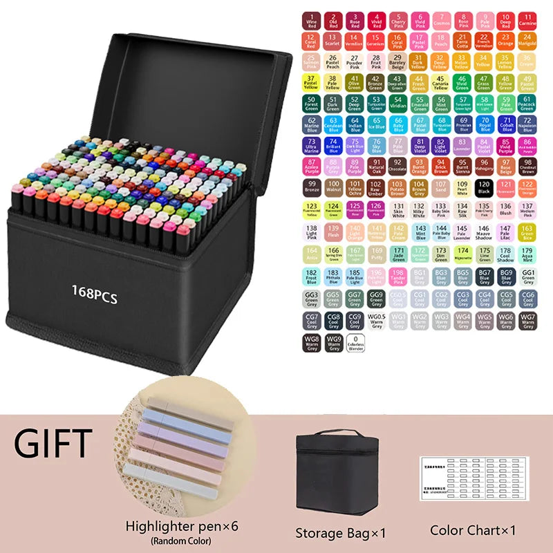 A black box containing 168 alcohol markers and accessories, along with a storage bag and color chart.