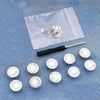A silver instant no-sew snap button kit is shown on a translucent plastic bag with several buttons laid out on a blue denim f