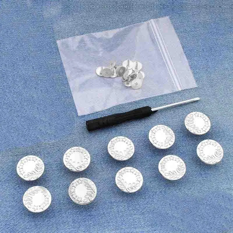 A silver instant no-sew snap button kit is shown on a translucent plastic bag with several buttons laid out on a blue denim f