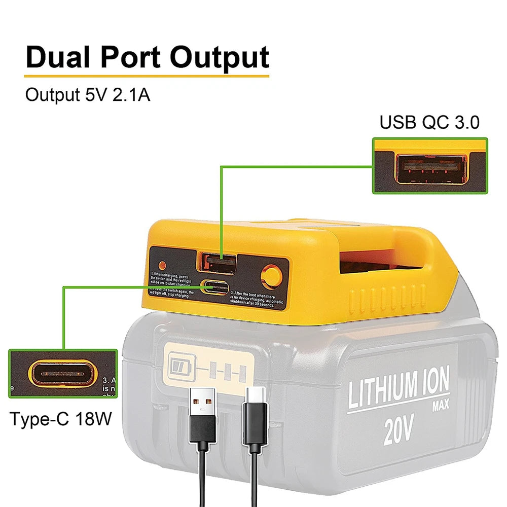 USB & Type-C Power Bank Adapter for DeWalt 20V/18V Li-ion Batteries