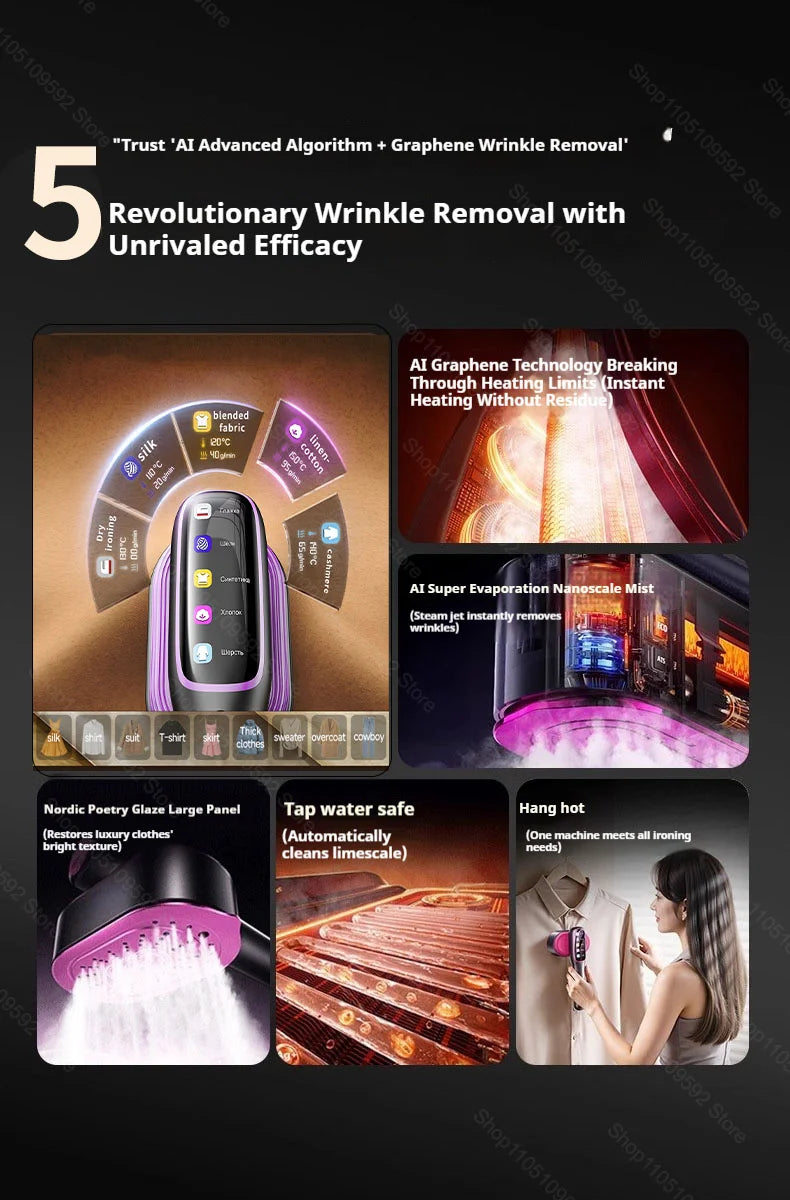 A collection of innovative wrinkle removal tools including an AI graphene iron, super evaporation mist, poetry glaze panel, t