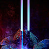 A glowing purple lightsaber stands vertically amidst dark rocks and wisps of blue smoke.