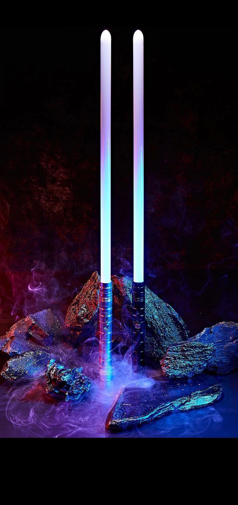 A glowing purple lightsaber stands vertically amidst dark rocks and wisps of blue smoke.