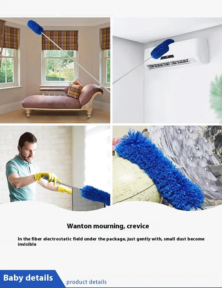 Extendable microfiber duster with two heads used for cleaning high ceilings and fans.