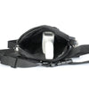 Black multi-pocket crossbody fanny pack with a white electronic device visible inside