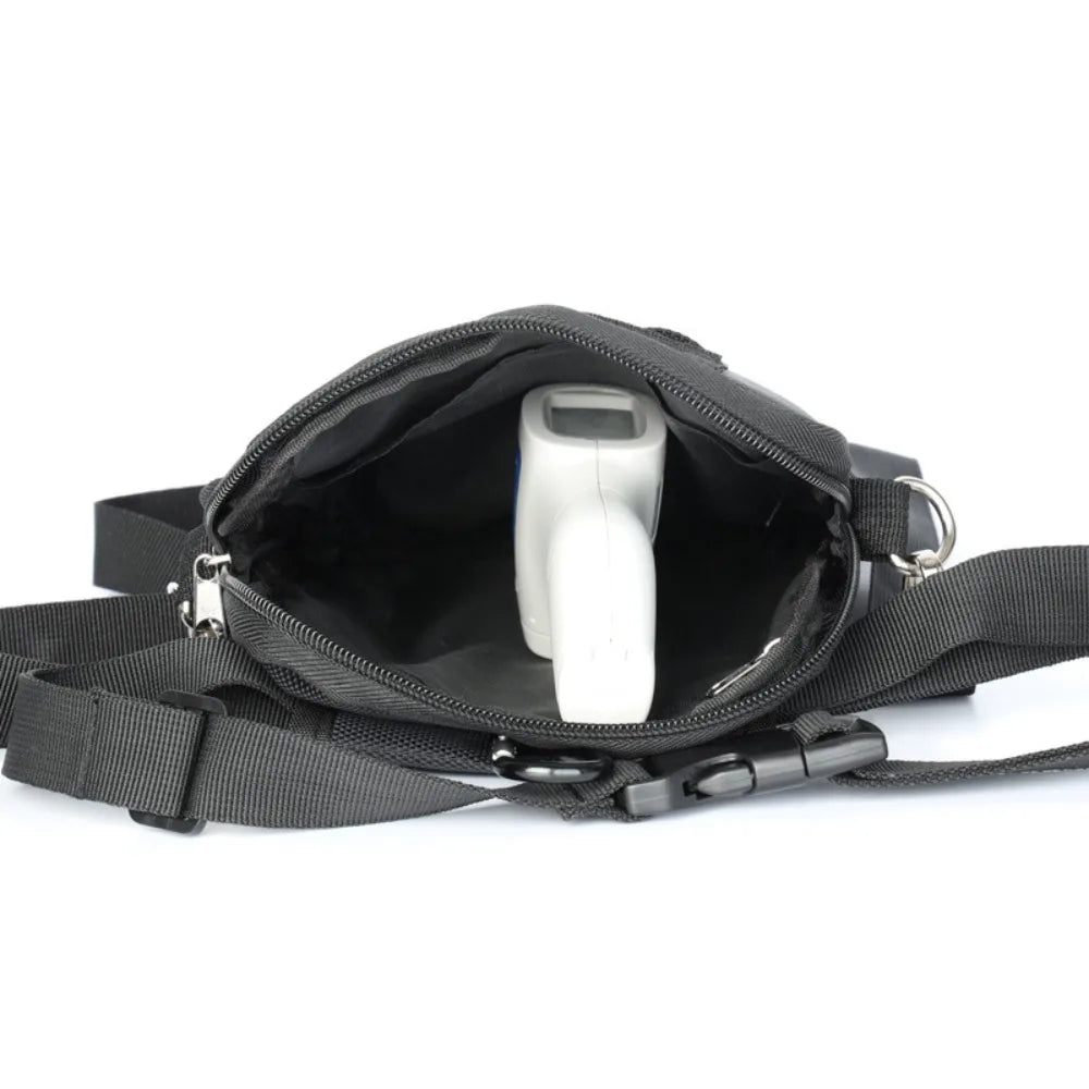Black multi-pocket crossbody fanny pack with a white electronic device visible inside