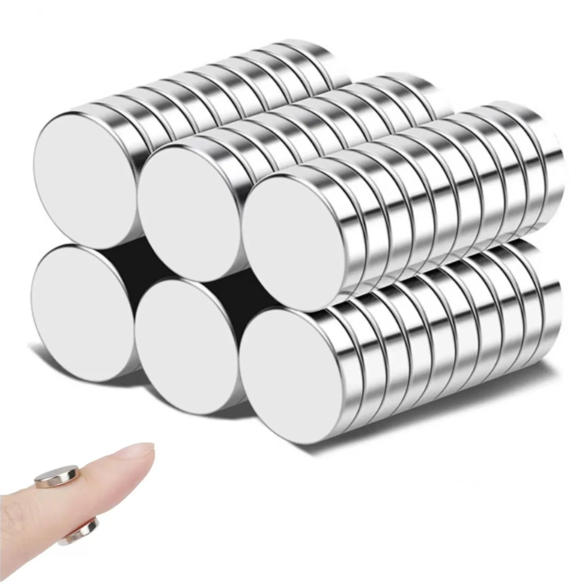 A stack of silver round magnets for fridge, DIY, and office use.