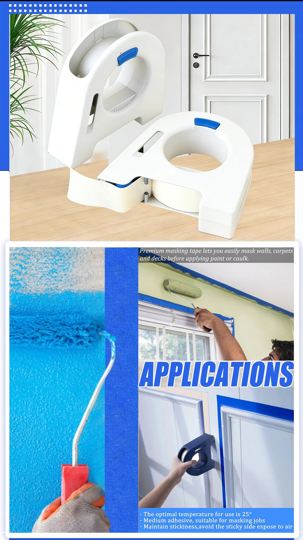 A white professional masking tape applicator tool is shown next to a blue surface, illustrating its applications for masking 