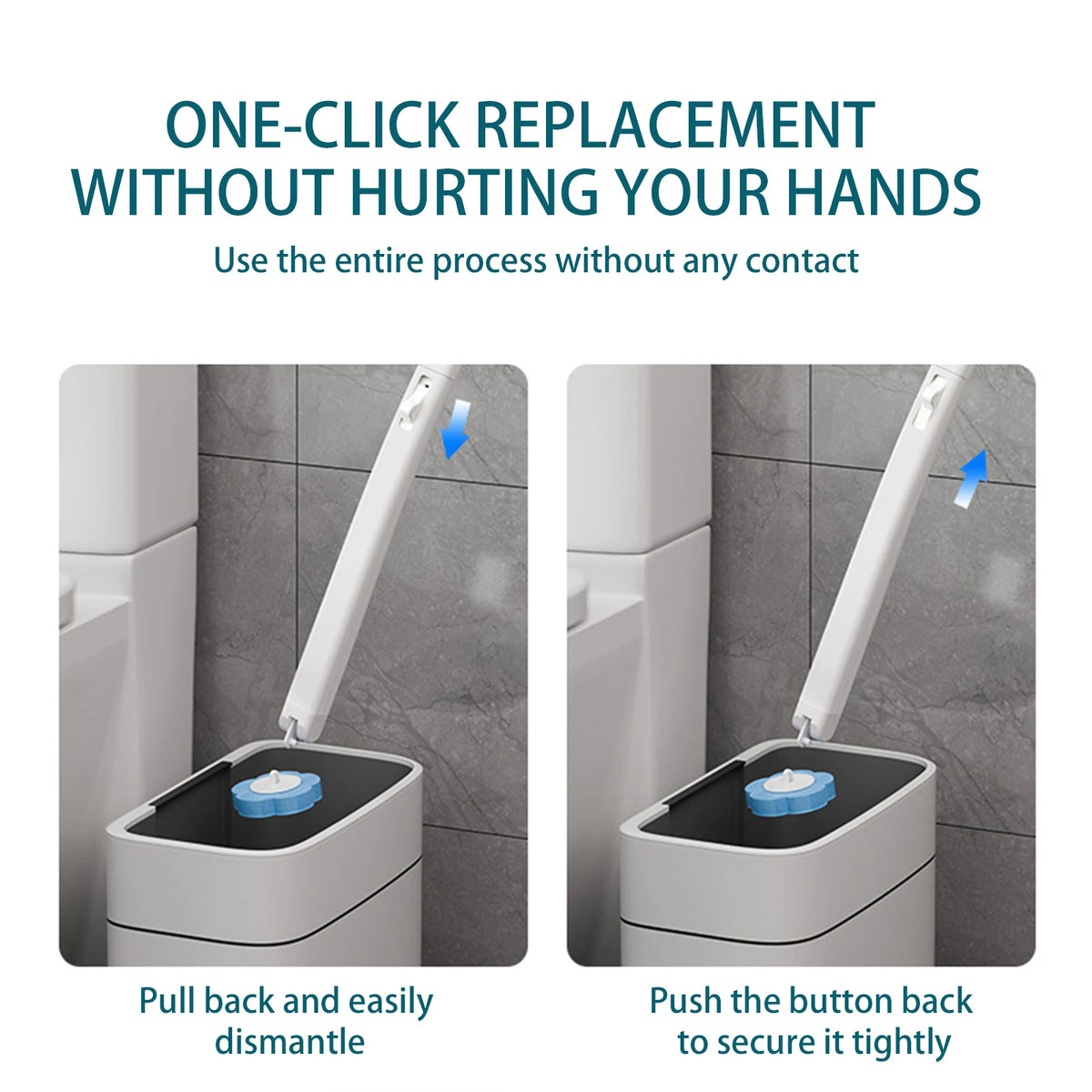 Demonstration of a one-click replacement process for a wall-mounted disposable toilet brush set.