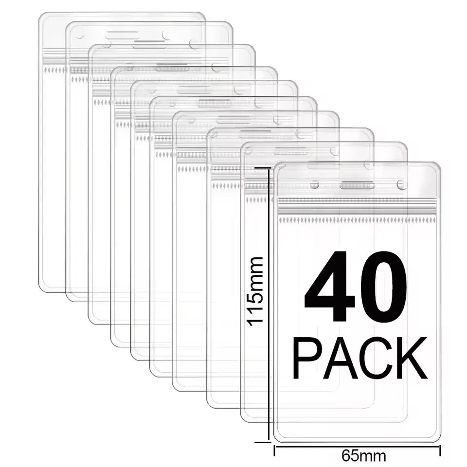 A stack of forty clear waterproof ID card holders with lanyard slots shown in a line.
