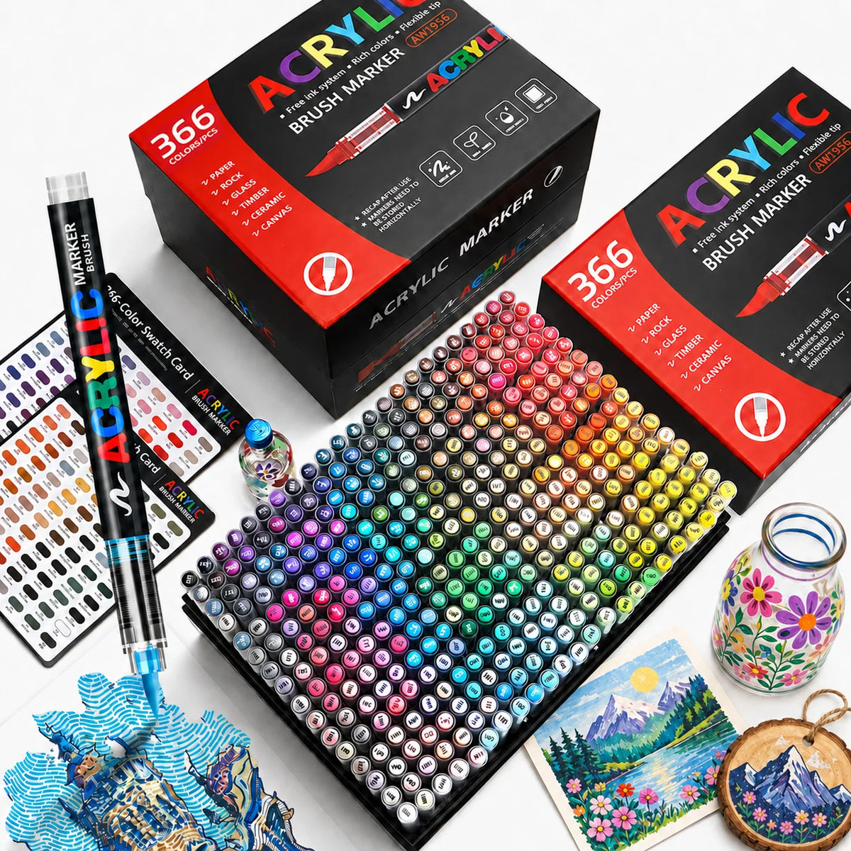 A set of professional acrylic markers featuring 366 colors in a grid display alongside the packaging box and artwork.