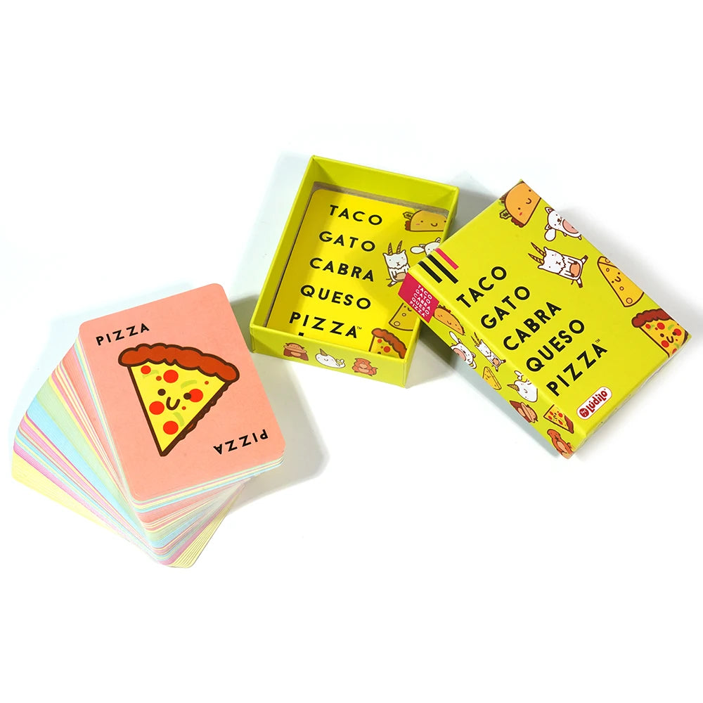 A set of five yellow and pink cards featuring tacos, cats, goats, cheese, and pizza for a game.