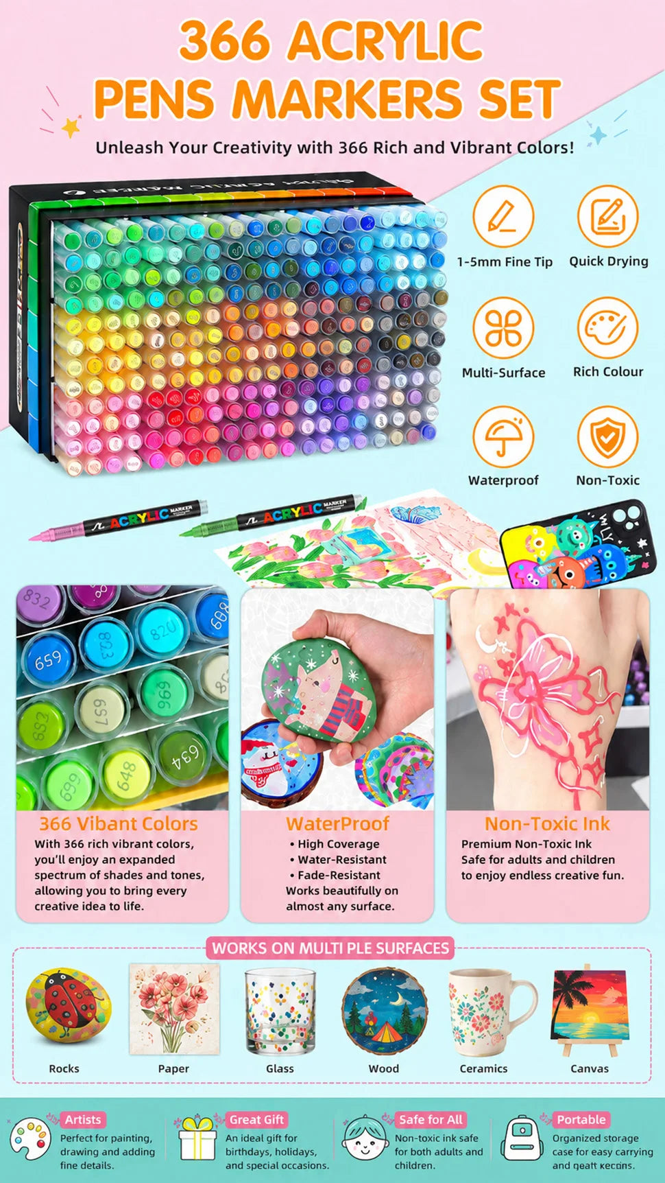 A set of 366 acrylic pens and markers in various vibrant colors for creative use