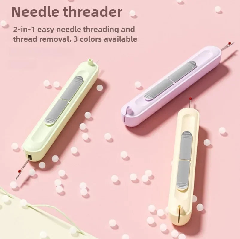 A pink and cream 2-in-1 needle threader tool is shown against a light pink background.