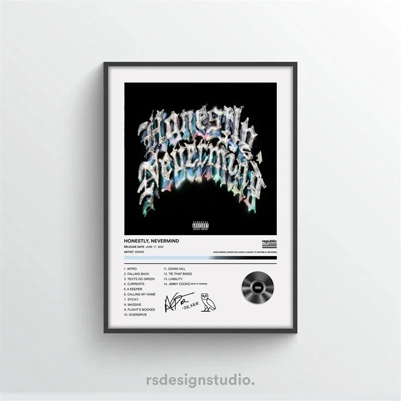 A framed canvas print featuring the album art for Honest, Nevermind by Drake.