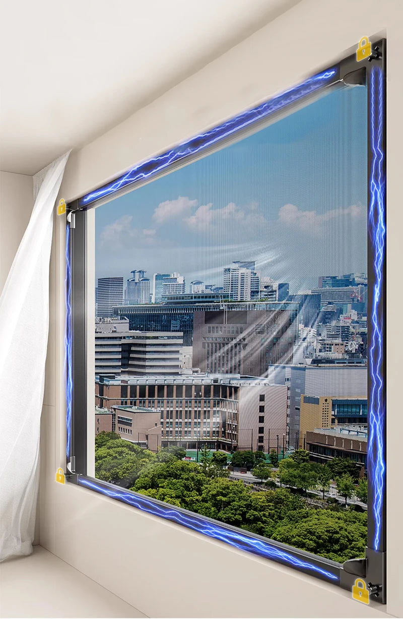 A modern window featuring a magnetic mosquito net with blue LED lighting, overlooking an urban landscape.