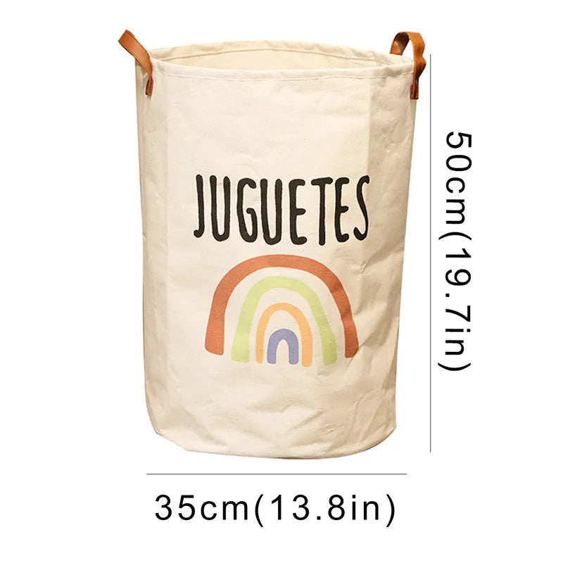 A beige fabric storage basket with a rainbow print, designed for baby items.