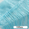 Close-up of light blue beaded thread curtain fabric showing the texture and weave.