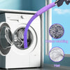 A purple vacuum hose attachment is shown being used to clean the vent of a white Samsung washing machine.