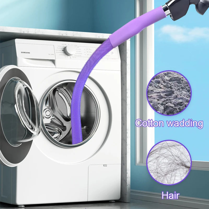 A purple vacuum hose attachment is shown being used to clean the vent of a white Samsung washing machine.