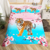 Pink and blue duvet cover set featuring tiger prints and floral patterns
