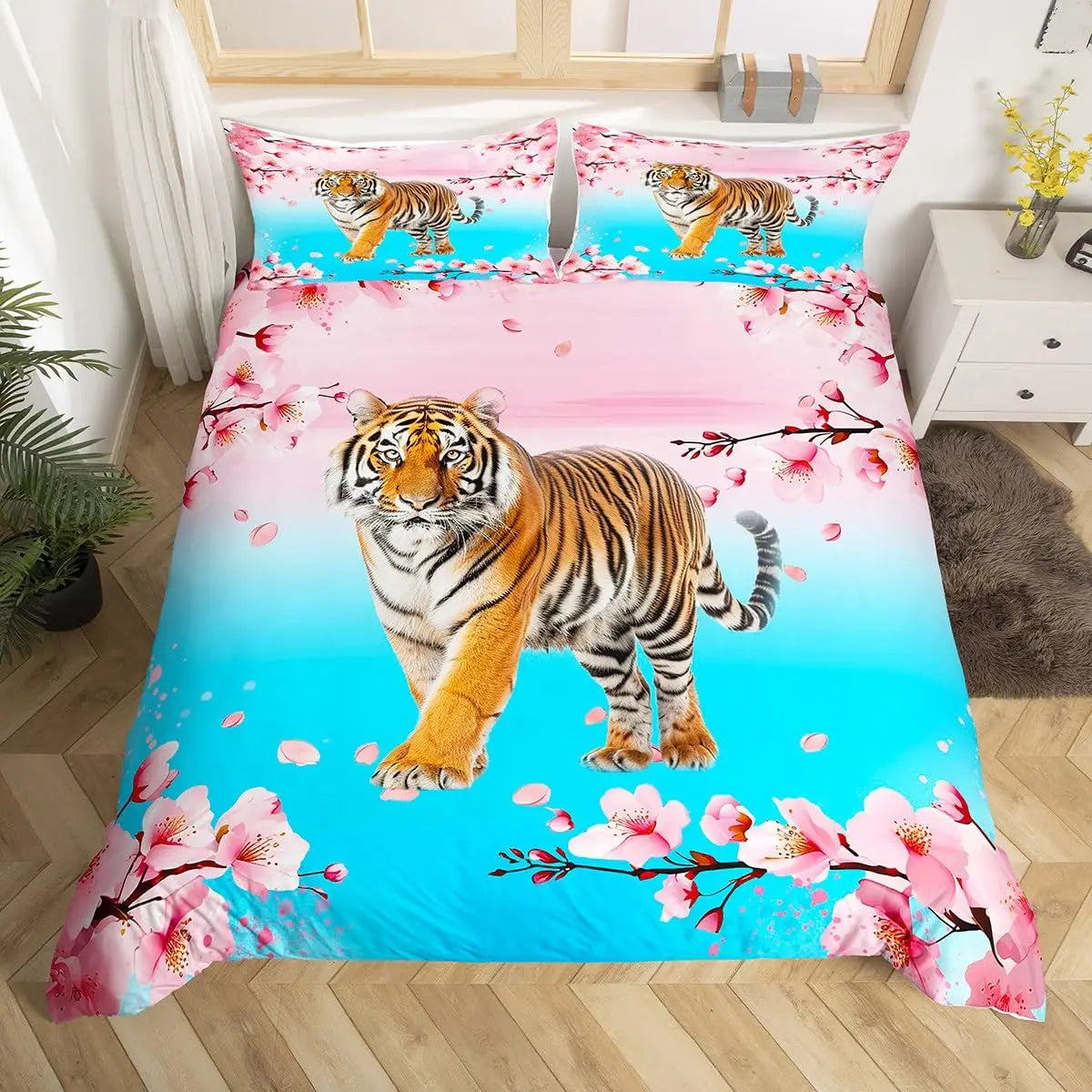 Pink and blue duvet cover set featuring tiger prints and floral patterns