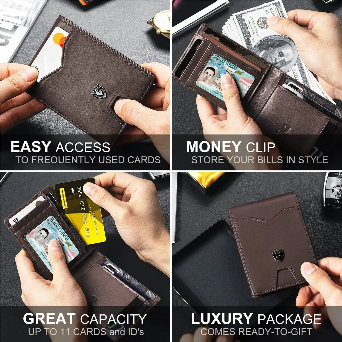 Slim RFID Blocking Leather Card Holder Wallet with Geometric Pattern