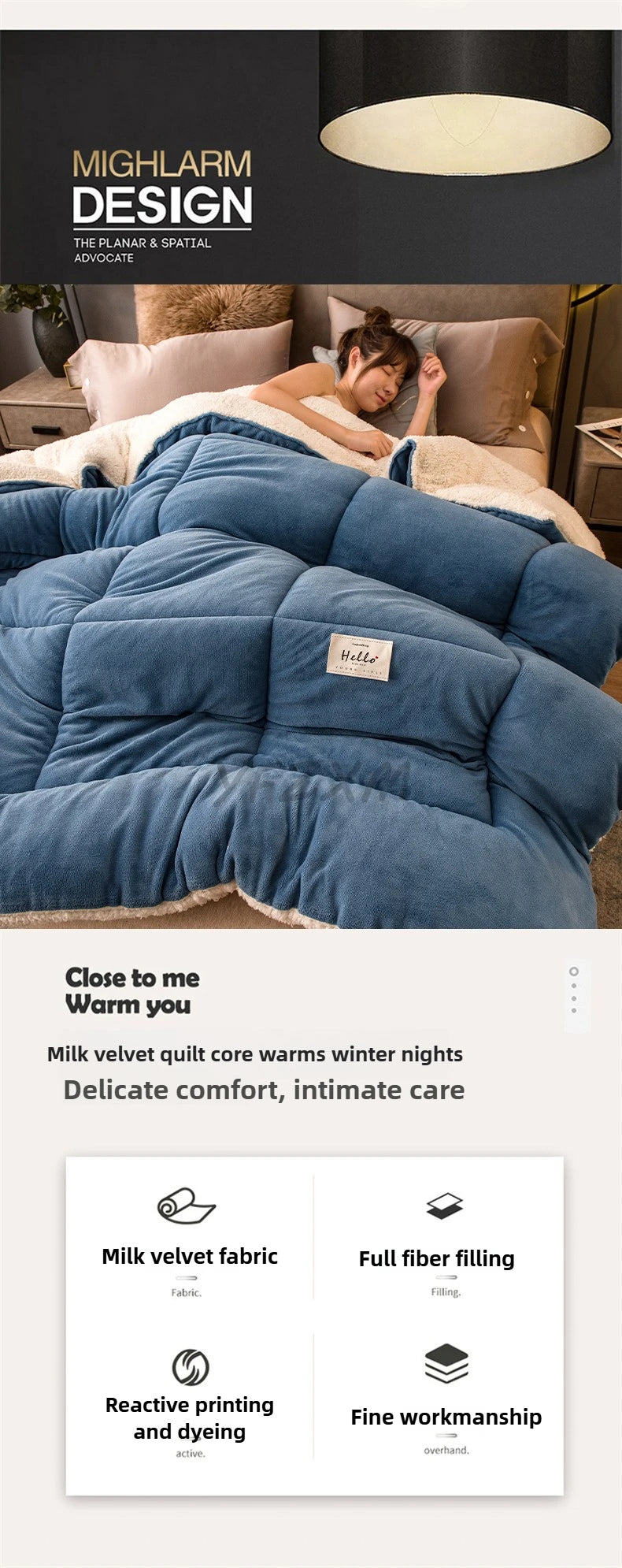 A deep blue milk velvet quilt blanket is shown draped on a bed, emphasizing its soft texture and warm comfort.