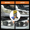 Before and after comparison of a headlight restoration kit applied to a car's headlight lens.